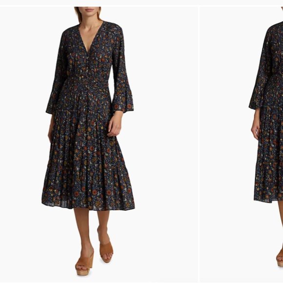 VERONICA BEARD SHIREEN PLEATED FLORAL MIDI NAVY DRESS sz 6
